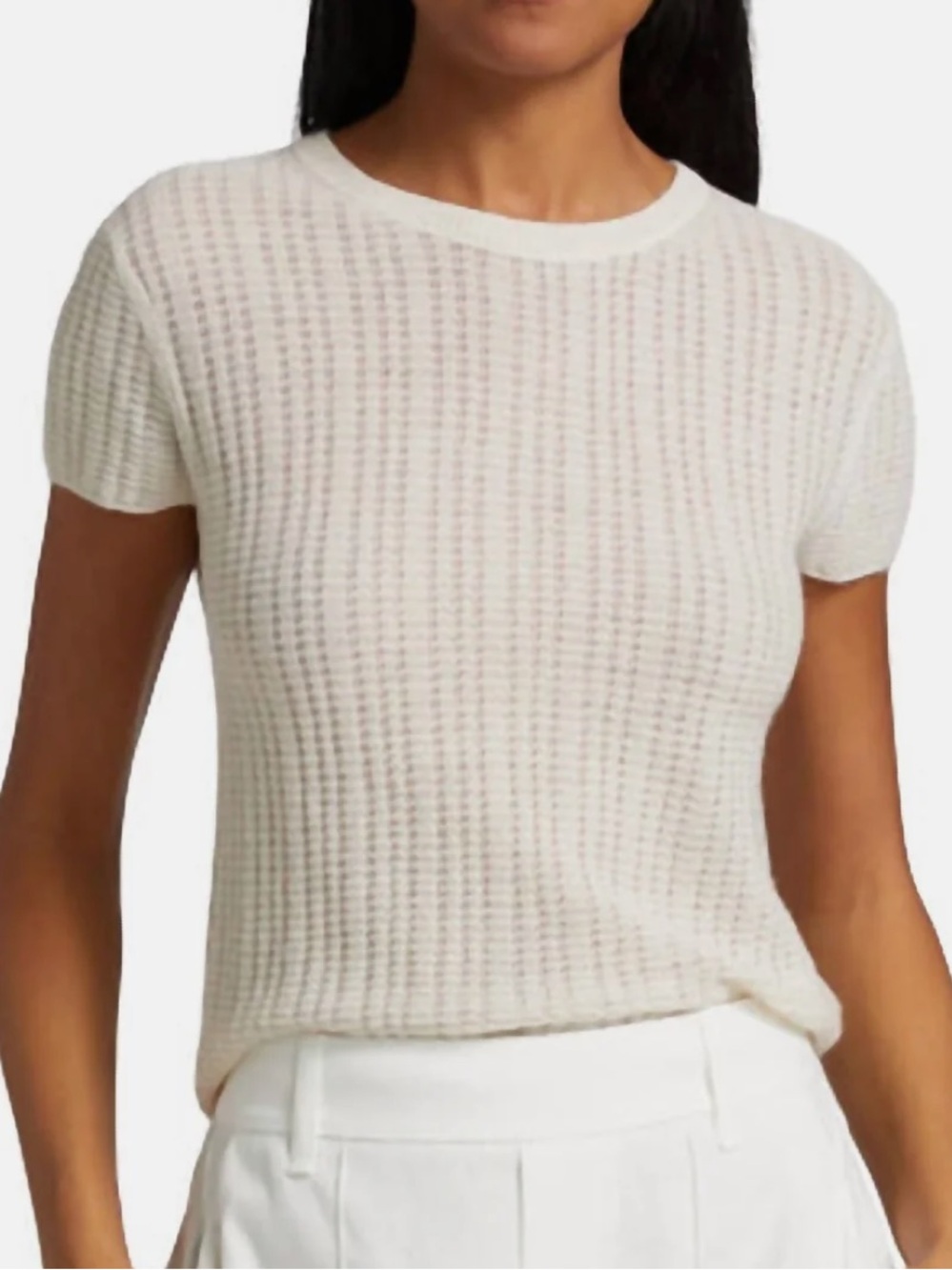 Vince Waffle Knit Short Sleeve Crew Neck Top In White Sand